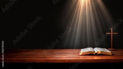 Sacred Scriptures: A captivating image shows the opened pages of a holy book bathed in ethereal light, accompanied by a simple wooden cross