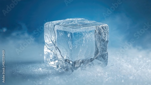 A large ice cube on a snowy surface with a cold, icy atmosphere.