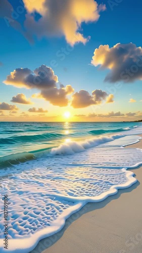 Golden sunset over a tropical beach with gentle waves rolling onto the shore. Perfect for travel, vacation, or summer-themed content. Vertical video