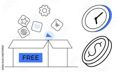 Open box labeled FREE with icons representing services and tools, gears, clock, and coin highlighting efficiency, value, and accessibility. Ideal for innovation, finance, productivity time-saving