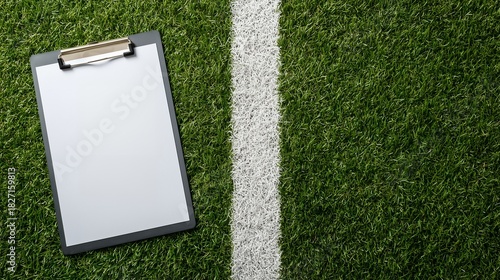 Top view of a clipboard with white paper on green grass field. Concept for strategy, coaching and competition