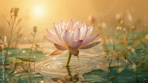 A pink lotus flower in water with ripples, surrounded by lily pads and small plants, illuminated by warm sunlight in a serene natural setting.