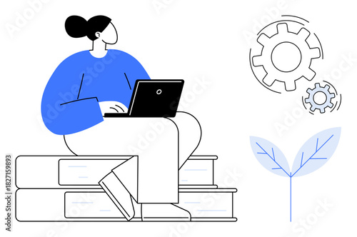 Person using laptop perched on books, accompanied by gears representing productivity and a plant for growth. Ideal for education, innovation, creativity, learning, sustainability, progress