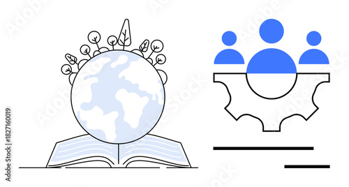 Open book with an earth globe sprouting foliage alongside a gear-shaped structure with people icons. Ideal for education, sustainability, teamwork, knowledge sharing, collaboration, innovation
