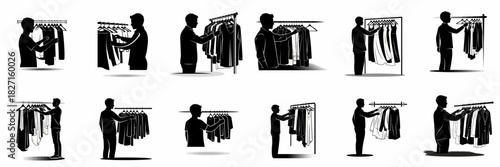Bild auf Leinwand Collection of male silhouettes browsing clothing racks, vector icons representing shopping and retail activities