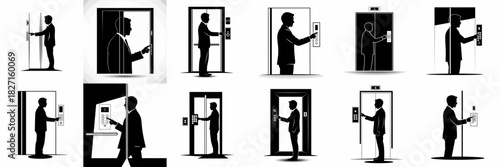 Принти на полотні Vector silhouettes collection of a businessman in a suit pressing buttons on an elevator panel, illustrating corporate travel and vertical transportation concepts