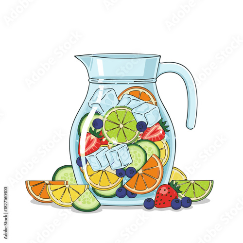 Fruit-infused water pitcher with ice and assorted fruits for Dry January challenge  