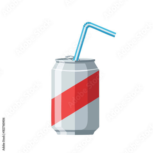 Soda can with blue straw on white background representing Dry January challenge  
