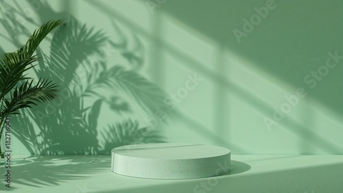 Empty product display on a shadowed green background with plant silhouettes.
