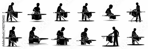 Vector Silhouette Collection of Men Ironing Clothes on Ironing Boards: Household Chores and Laundry Care Icons.