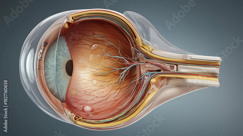 Detailed cross-section illustration of the human eye showing internal anatomy, realistic structure, and medical accuracy. High-quality educational biomedical visualization