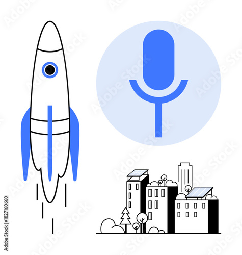 Rocket taking off, large modern microphone, and city skyline with solar panels and greenery. Ideal for innovation, technology, communication, sustainability, green energy, urban development simple