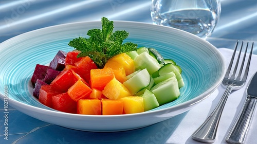 A close-up shot of a colorful fruit salad in a bowl, with a glass of water and cutlery on a table. The salad is arranged in a rainbow pattern.