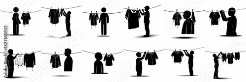 Vector silhouette icons of people hanging wet clothes on a clothesline for drying, symbolizing laundry day and household duties.