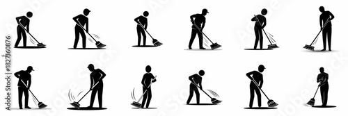 Vector silhouette collection of men and laborers sweeping with a broom, illustrating cleaning service, janitorial work, maintenance, and hygiene.