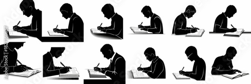 Vector Silhouette Collection of Young People and Professionals Writing, Studying, or Working Diligently with a Pen and Book.