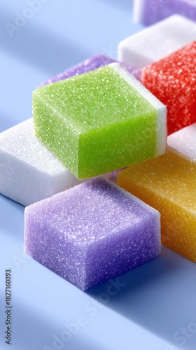 A close-up shot of several colorful, sugar-coated gumdrop cubes arranged in a row on a light blue surface. The gumdrops are in shades of green, purple, white, r
