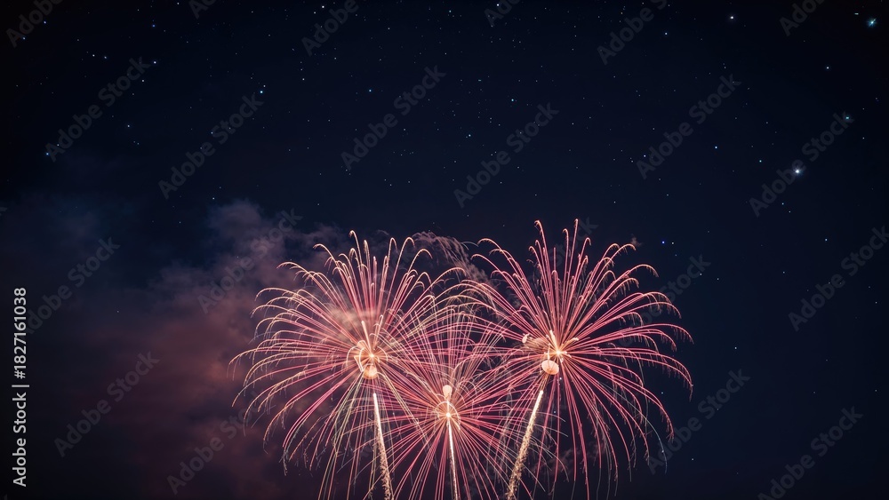 Fototapeta premium Colorful fireworks exploding against a starry night sky.