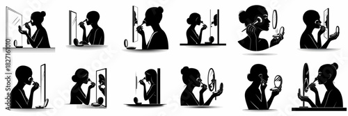 Black silhouettes collection of women applying makeup with brushes and mirrors, illustrating beauty, cosmetics, and self-care routines.