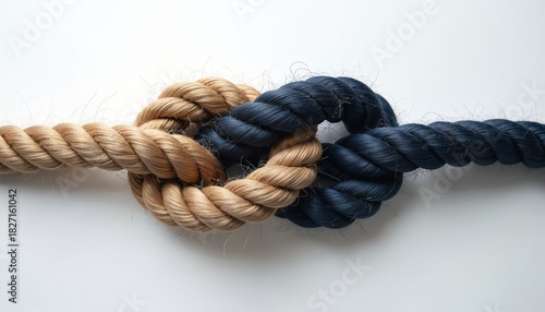 Two ropes of different colors are connected by knot. Blue and beige rope. Knot close up on white backdrop. This image symbolizes unity partnership solution cooperation connection.
