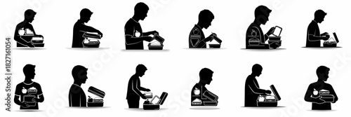 Student Lunch Box Silhouettes Set: Icons of Young Man Opening, Holding, and Preparing Healthy Meal Prep Containers with Sandwich and Apple.