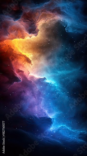A vibrant and colorful nebula in space, with swirling clouds, stars, and a gradient of colors including orange, yellow, blue, and purple.