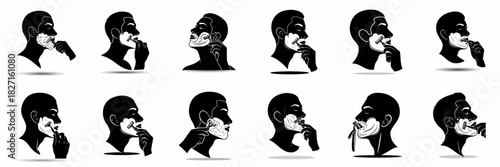 Silhouettes of Man Shaving His Face: Full Grooming Process with Razor and Foam.