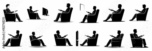 Collection of man watching TV silhouettes. Set of vector icons depicting a person relaxing in an armchair, operating a television with a remote control.