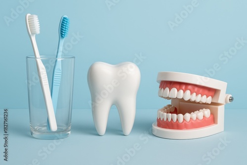 Dental hygiene essentials displayed with a playful tooth model and dental tools on a light blue background