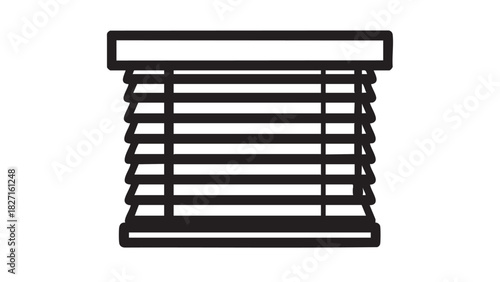 Minimalist black and white line art icon of horizontal window blinds, a simple vector graphic representing home decor, privacy, and sun shade