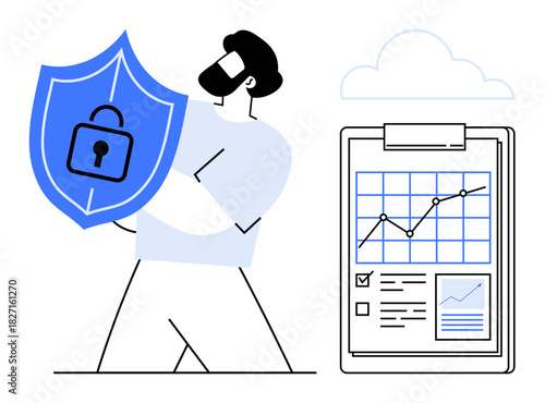 Man holding shield with lock symbol, clipboard displaying analytics graph, checkboxes, and document summary. Ideal for cybersecurity, data protection, business strategy, compliance, privacy