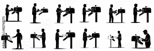 Silhouettes of men receiving and sending letters using a residential mailbox, depicting postal service interactions and communication icons.