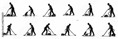 Set of silhouettes depicting a person vacuuming the floor with a canister vacuum cleaner, illustrating domestic cleaning services and household chores.