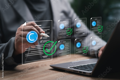 Intellectual copyright concept, Businessman Reviewing and Approving Patent Documents online with Copyright and Intellectual Property Protection Symbols, Ensuring Legal Compliance Against AI Misuse