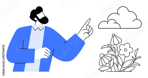Man in blue jacket pointing towards cloud, surrounded by flowers below. Ideal for nature, environment, learning, growth, creativity, awareness education. Simple flat metaphor