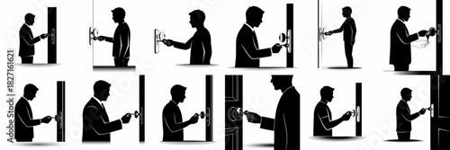 Silhouettes of a man inserting a key into a door lock, representing access, security, privacy, and opening new opportunities.