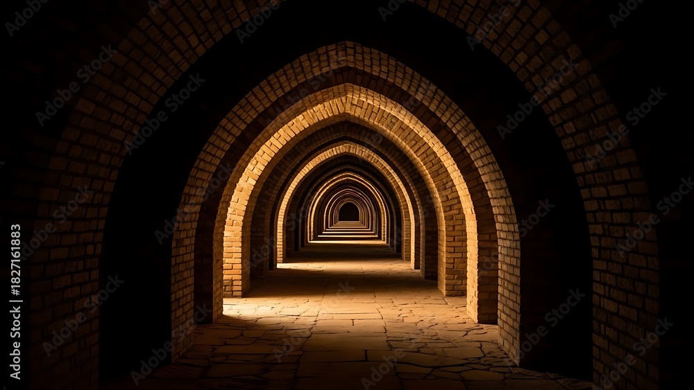 Fototapeta premium Long brick arched corridor receding into darkness with dramatic light at the end