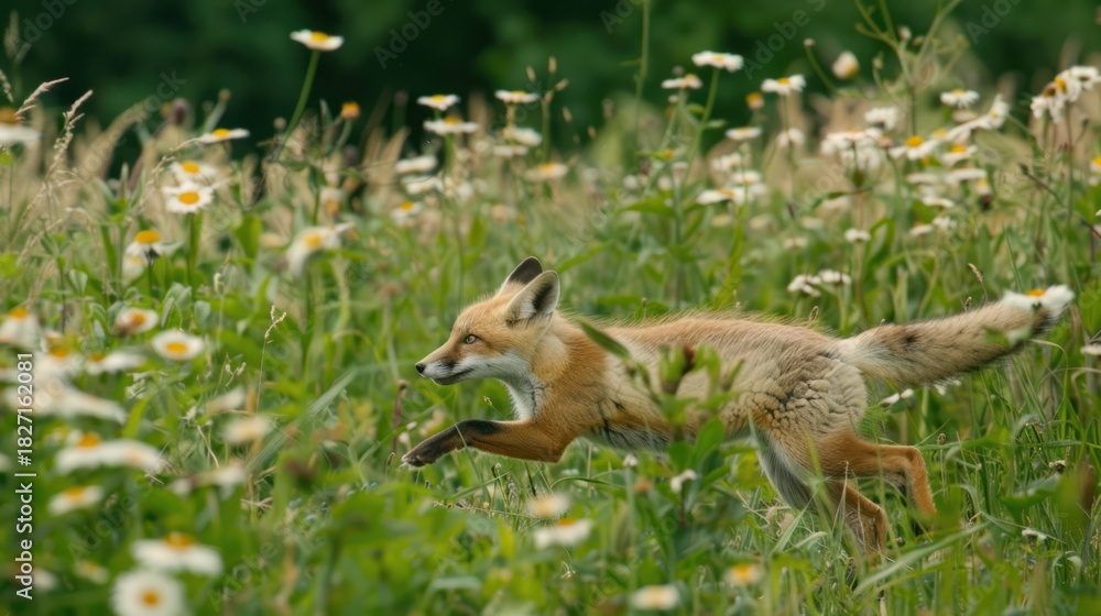 Obraz premium Young Fox Running Through Wildflower Meadow During Daylight