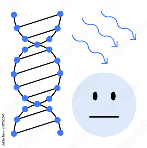DNA double helix, neutral face expressing no emotion, and descending arrows suggest genetic influence or cellular impact. Ideal for genetics, emotions, science, heredity, psychology, health