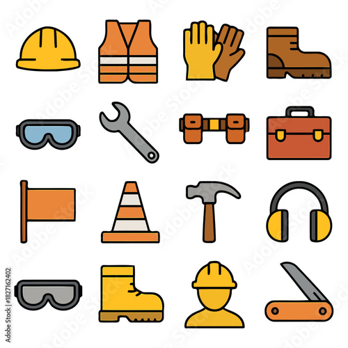 Construction Safety Icons: A comprehensive set of essential construction and safety icons, symbolizing the tools and gear critical for workplace safety.