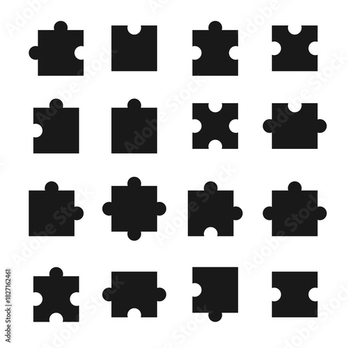 Seamless pattern of black puzzle piece icons on a white background, ideal for design themes about connection, strategy, problem solving, teamwork, and creativity.