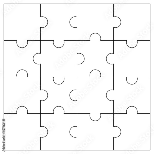 Clean outline of interlocking puzzle pieces arranged in a grid. Perfect for concepts of teamwork, connection, problem-solving, integration, and educational graphic design.