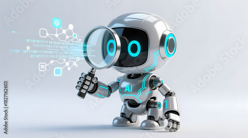 Metallic AI robot using a magnifying glass to analyze binary code for data optimization.
