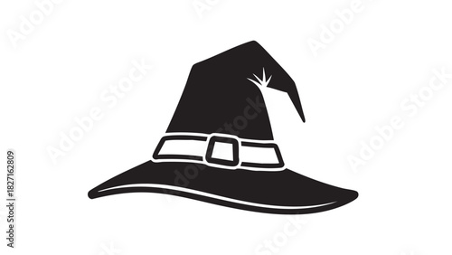 Black witch hat with a white buckle, perfect for Halloween costumes and magical celebrations