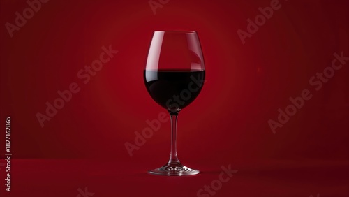 Red wine glass filled with red wine against a red background. The year 1982.