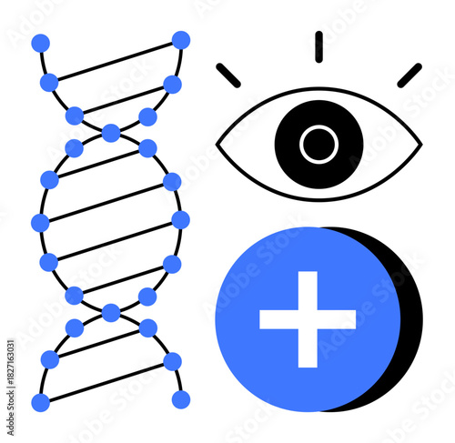 Genetics concept. DNA helix, medical cross, and eye icons genetics, healthcare, and innovation. Genetics driving research, healthcare technology and scientific progress. Suitable for biotechnology