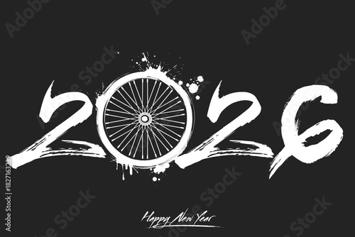 Numbers 2026 and a abstract bike wheel made of blots in grunge style. Design text logo Happy New Year 2026. Template for greeting card, banner, poster. Vector illustration on isolated background