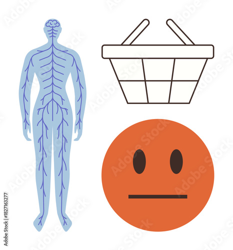 Human nervous system sketch beside a shopping basket and neutral emoticon. Ideal for health, anatomy, decision-making, balance, emotion, neuroscience, medical exploration. Simple flat metaphor