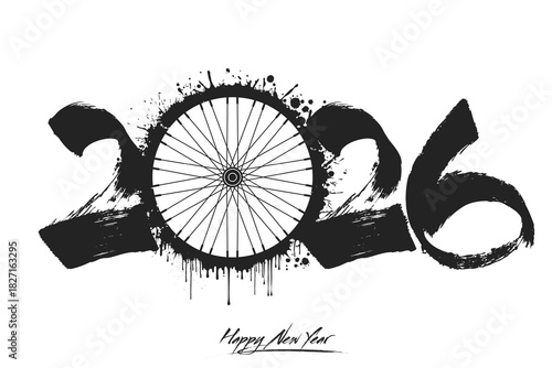 Numbers 2026 and a abstract bike wheel made of blots in grunge style. Design text logo Happy New Year 2026. Template for greeting card, banner, poster. Vector illustration on isolated background