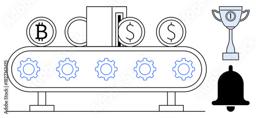 Cryptocurrency theme. Cryptocurrency symbols thumbs up Bitcoin and Dollar appearing on a conveyor belt financial production. Cryptocurrency as innovation, banking evolution. Perfect for fintech